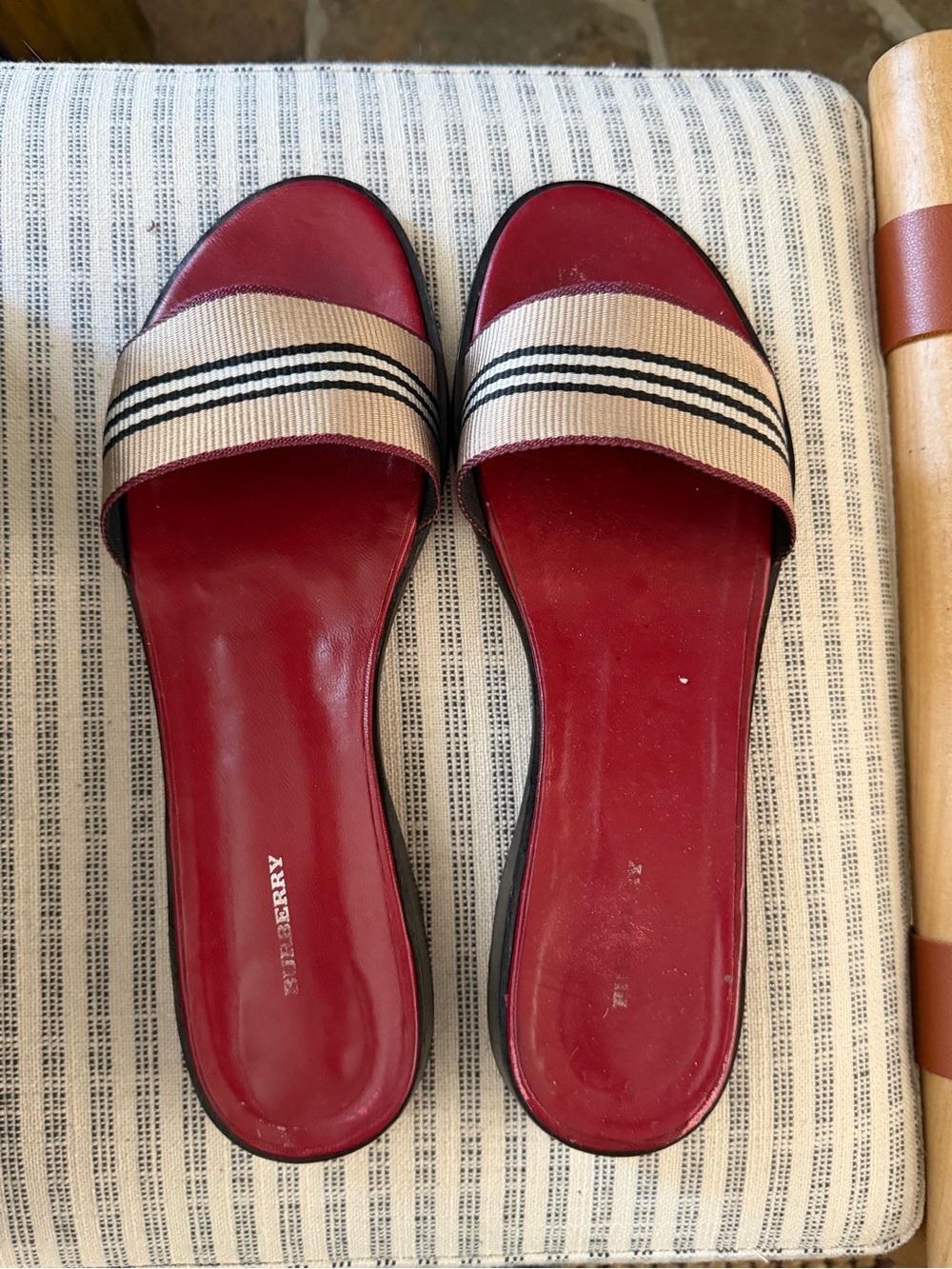 Burberry Red Leather Slide Sandals with Beige Striped Band
